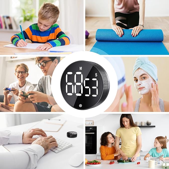 BlueSnail Kitchen Timer with LED Digital Display Smart Efficana for Home Classroom Gym Office, Volume and Brightness Adjustable Productivity Timer (All Black)