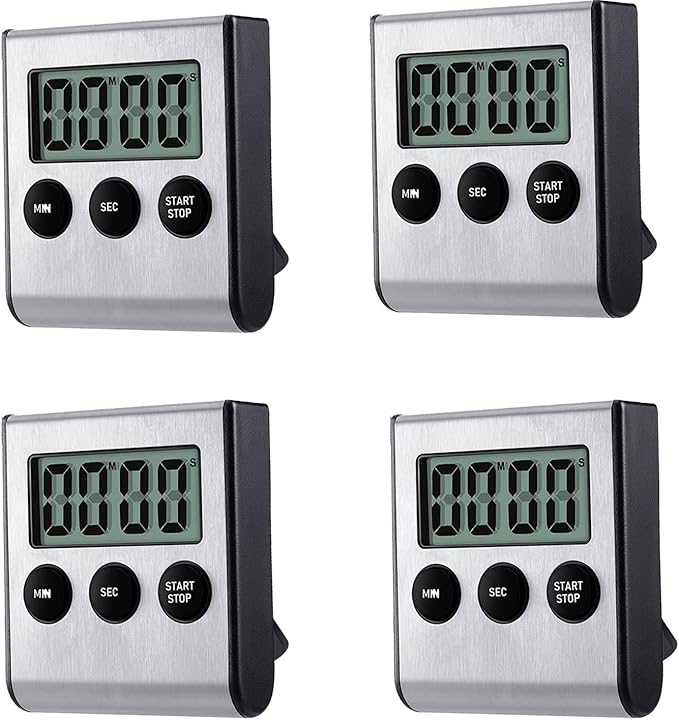 4 Pack Digital Kitchen Timer Magnet, Stainless Steel Cooking Timers with Alarm. Magnetic Countdown Timer for Kitchen Cooking, Baking,Sports Games (AAA Battery Included)
