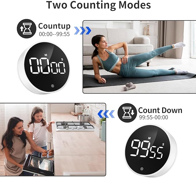 VOCOO Digital Kitchen Timer - Magnetic Countdown Countup Timer with Large LED Display Volume Adjustable, Easy for Cooking and for Seniors and Kids to Use (White)