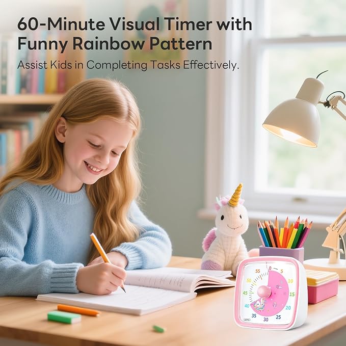 Yunbaoit Visual Timer with Night Light, 60-Minute Unicorn Countdown Timer for Kids and Adults, Time Management Tool for Home, School, Kitchen, or Office (Pink)