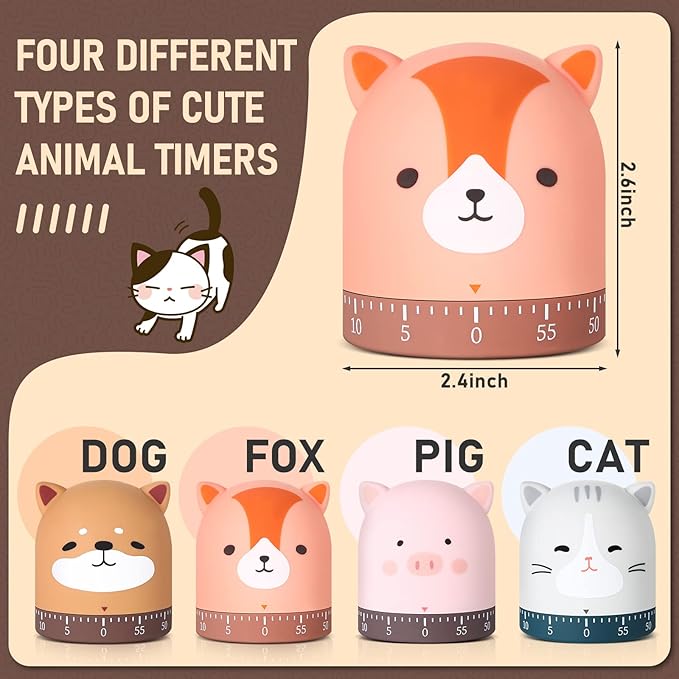 Queekay 4 Pcs Kitchen Cooking Timer Animal Mechanical Timer 60 Minute Wind up Dial 360° Rotating Countdown Egg Reminder No Batteries Loud Ring Cartoon Alarm for Kids Time Management, Fox Pig Cat Dog