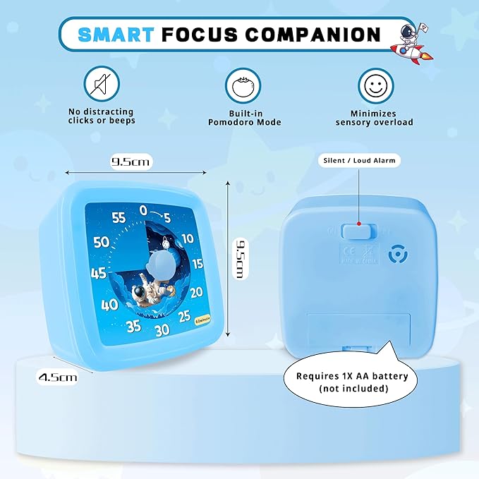 Visual Timer for Kids, 60-Minute Countdown Timer for Classroom Office Kitchen, Pomodoro Timer Spaceman Pattern, Time Management Tools with Silent Operation,Desk Time Clock for Kids and Adults