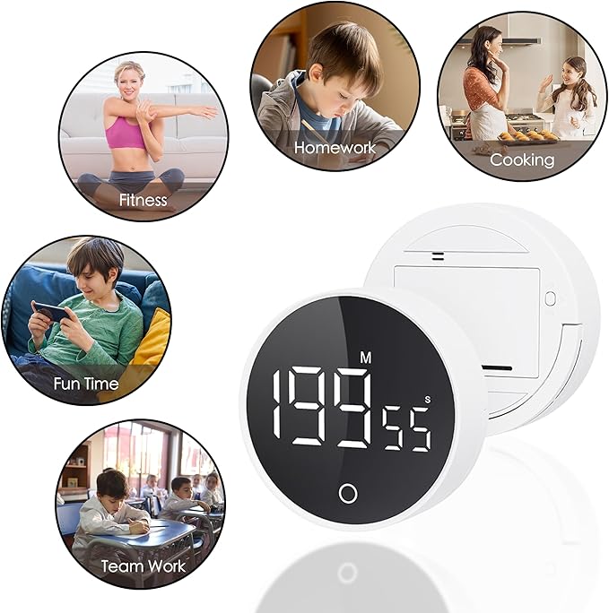 Digital Kitchen Timers, Visual timers Magnetic Countdown Countup Timer Large LED 200 Minutes Display Volume Adjustable for Cooking Fitness Studying, Easy for Kids and Seniors