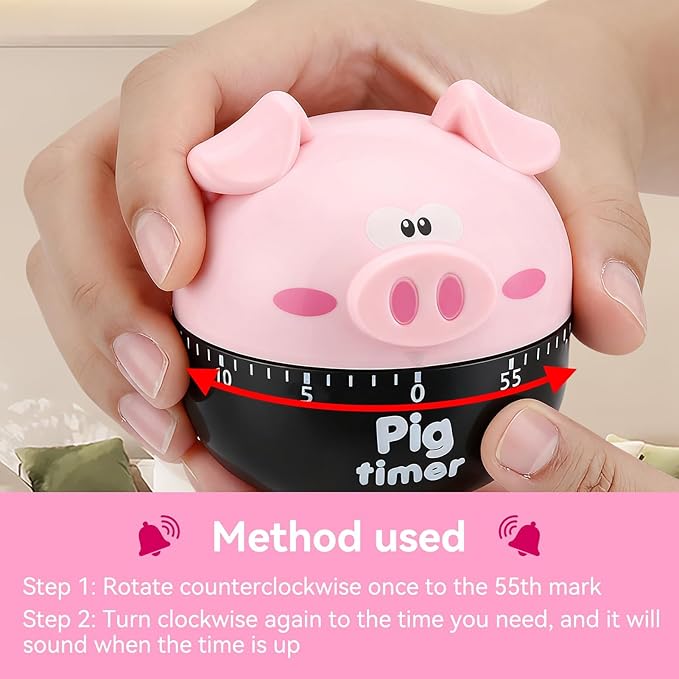 Cute Pig Kitchen Timer, 55 Minute Timer Mechanical Count Down Timer Clock for Cooking Baking Time Management, Pink, 6.5 * 7cm/2.6 * 2.8in