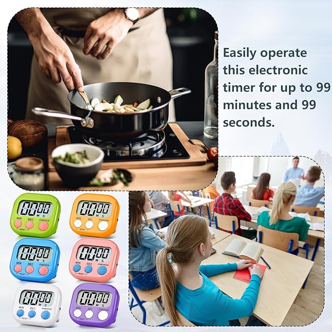 12 Pack Digital Kitchen Timer Magnetic Digital Timer with Big Display Loud Ring Cooking Timers for Kitchen Electronic Timer for Cooking, Bathing, Gym, Break Time, Classroom(12,White,Blue,Purple)