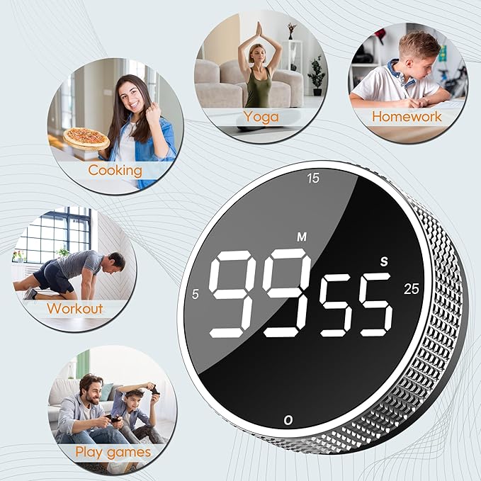 Upgrade Digital Kitchen Timer - Magnetic Countdown Countup Visual Pomodoro Timer with Large LED Display, 3-Preset Times (5, 15, 25), 3 Volume Levels, Ideal for Cooking, Baking and Fitness (2, Silver)