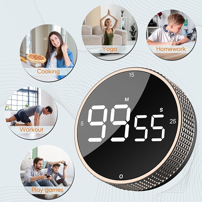 Upgrade Digital Kitchen Timer - Magnetic Countdown Countup Visual Pomodoro Timer with Large LED Display, 3-Preset Times (5, 15, 25), 3 Volume Levels, Ideal for Cooking, Baking and Fitness (1, Tarnish)